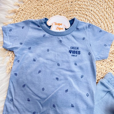 Conj. Camiseta Green Vibes Only e Bermuda em Linho - Azul Jeans